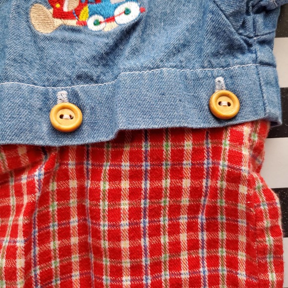 VTG Baby One Piece Outfit Denim Top with Plaid Pants Embroidered Bear Sz 3-6M - Picture 4 of 9